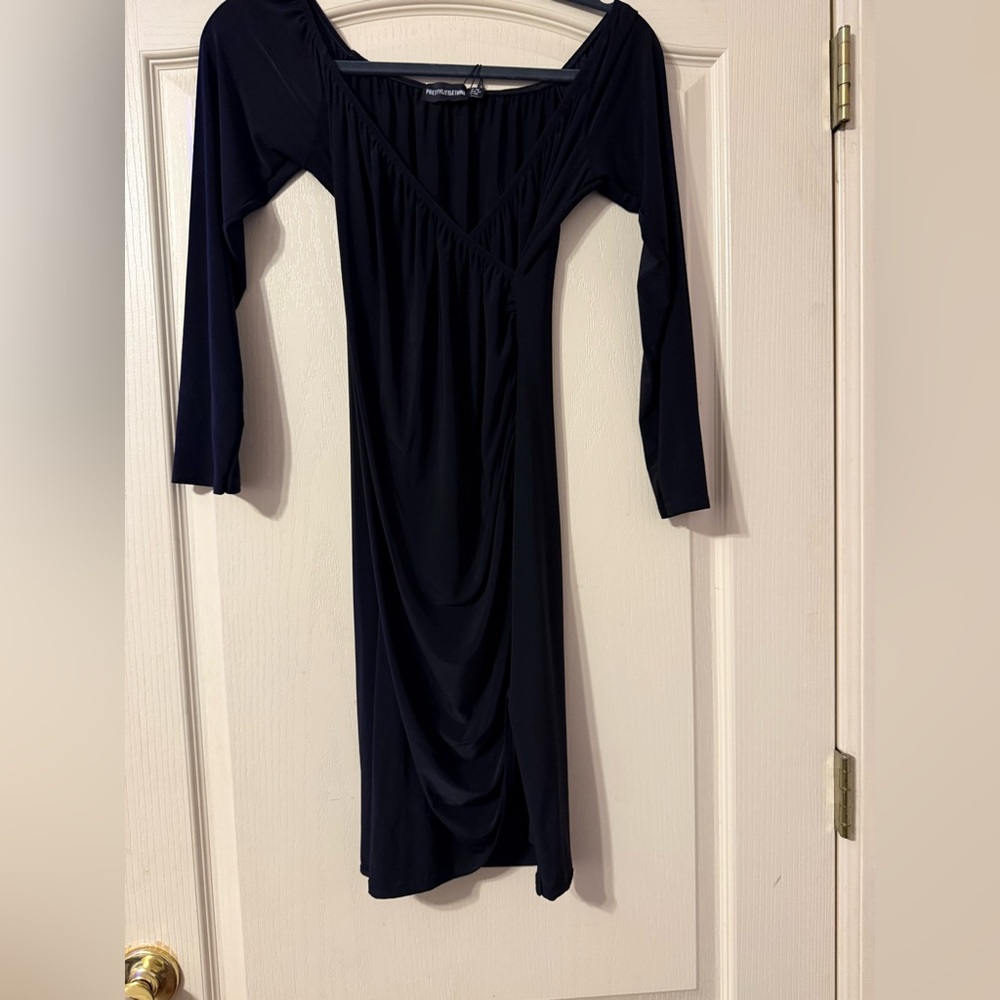 PrettyLittleThing Black Drape Detail Midi Dress | Size 14 | Long Sleeve